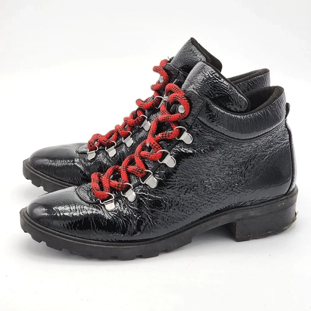 Schutz Niceia Patent Leather Lace Up Ankle Booties Boots Black Red Laces Size 8